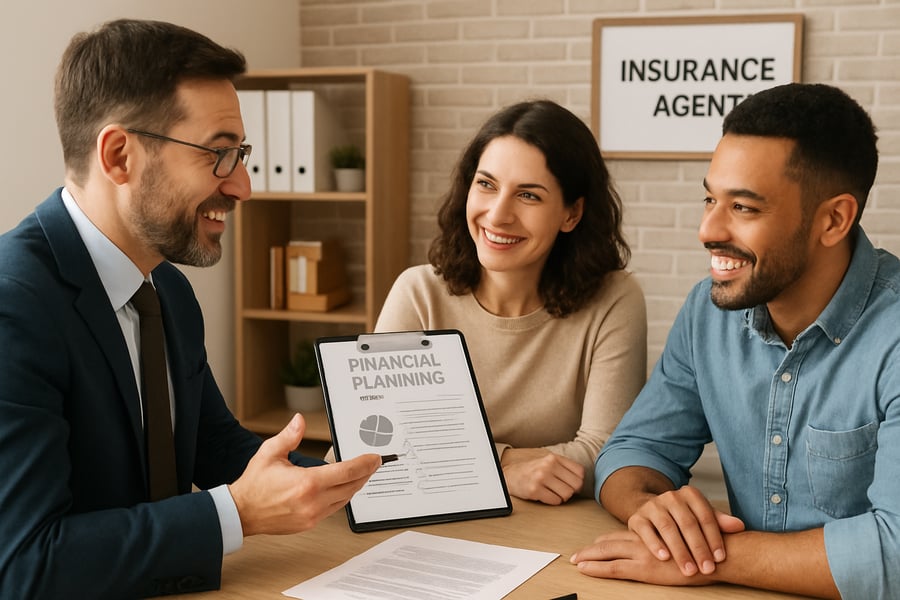 Independent insurance agent discussing financial planning with clients